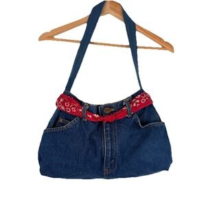 Vintage H.I.S  CHIC Blue Jean Shoulder‎ Bag Red Bandana Belt Tote Purse 15X9